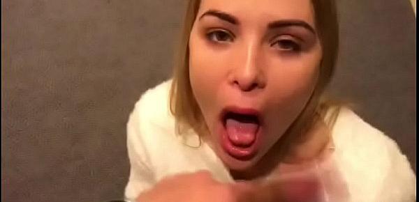  Blowjob in the lift and stairs cumshot swallow public